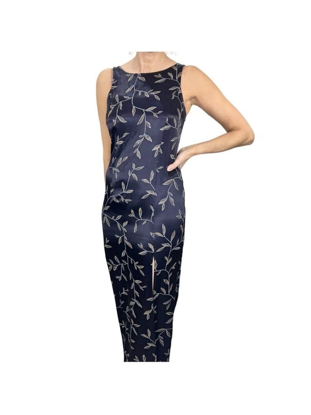 Vintage 90s Smart Set dark blue leaf print fitted satin maxi dress 3/4